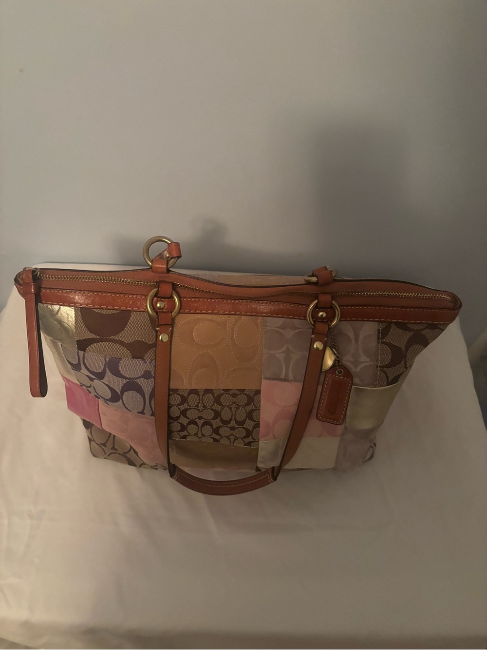 Coach Patchwork Signature Tote - Pink, Tan & Gold Accents - Picture 2 of 9